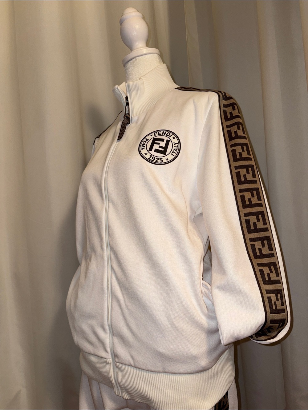 Fendi White Track Joggers with Brown Logo Tape